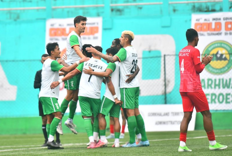 Victor Matheus celebrates after scoring for Gokulam Kerala FC with team-mates