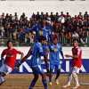 The match of ONGC I-League between Shillong Lajong FC (Red jersey) and Viva Kerala (Blue jersey) in action at JN Sports Stadium, Polo on Saturday.