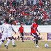 The I-League Football match in progress between Shillong Lajong FC (Red Jersey) Vs Air India at J.N.Sports Stadium Polo Ground on Sunday, organised by ONGC.