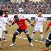The I-League Football match in progress between Shillong Lajong FC (Red Jersey) Vs Air India at J.N.Sports Stadium Polo Ground on Sunday, organised by ONGC.